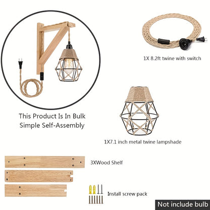 1PC Rustic Farmhouse Wall Lamp with Wood Shelf Bracket - Plug In Wall Sconces with Switch Cord for Living Room, Bedroom - Easy Installation, Space-Saving Design, and Versatile Lighting Solution (Not Include Bulb)