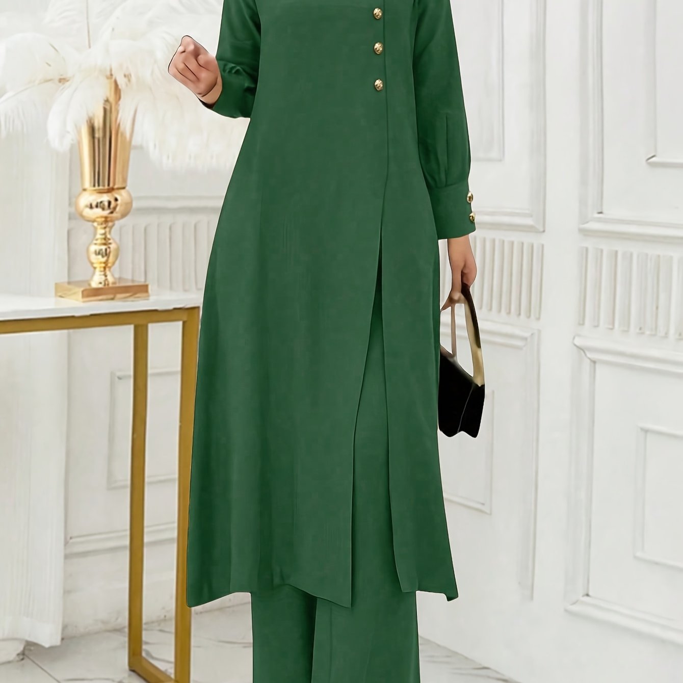 Ramadan Women'S Solid Color Button Design Long Sleeve Top and Pants Set, Arabic Style, Polyester, with Faux Button Detail, for All Seasons