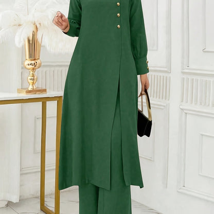 Ramadan Women'S Solid Color Button Design Long Sleeve Top and Pants Set, Arabic Style, Polyester, with Faux Button Detail, for All Seasons