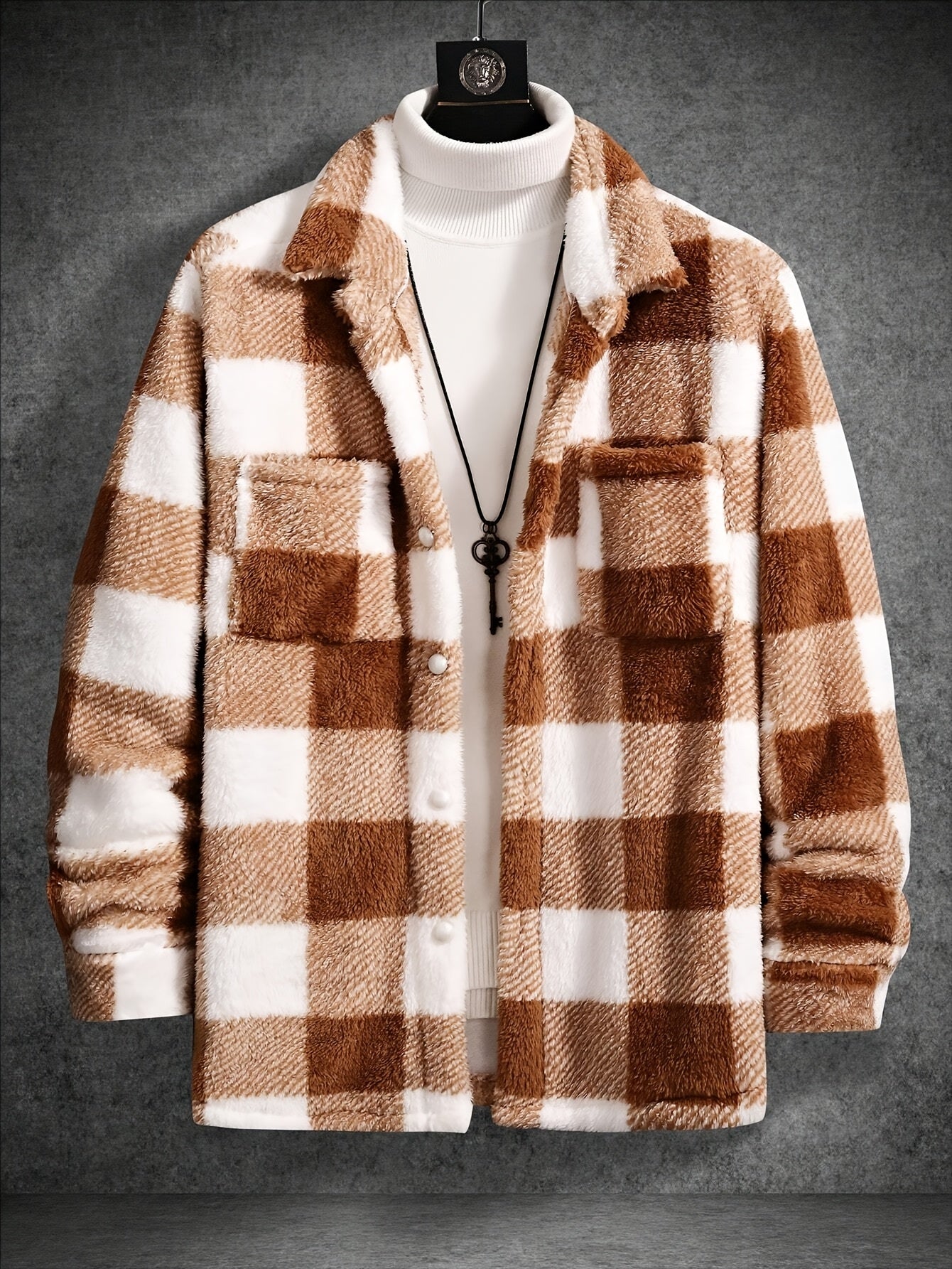 Men's Cozy Plaid Fleece Jacket - Casual Button-Up with Lapel Collar, Long Sleeves for Winter Warmth