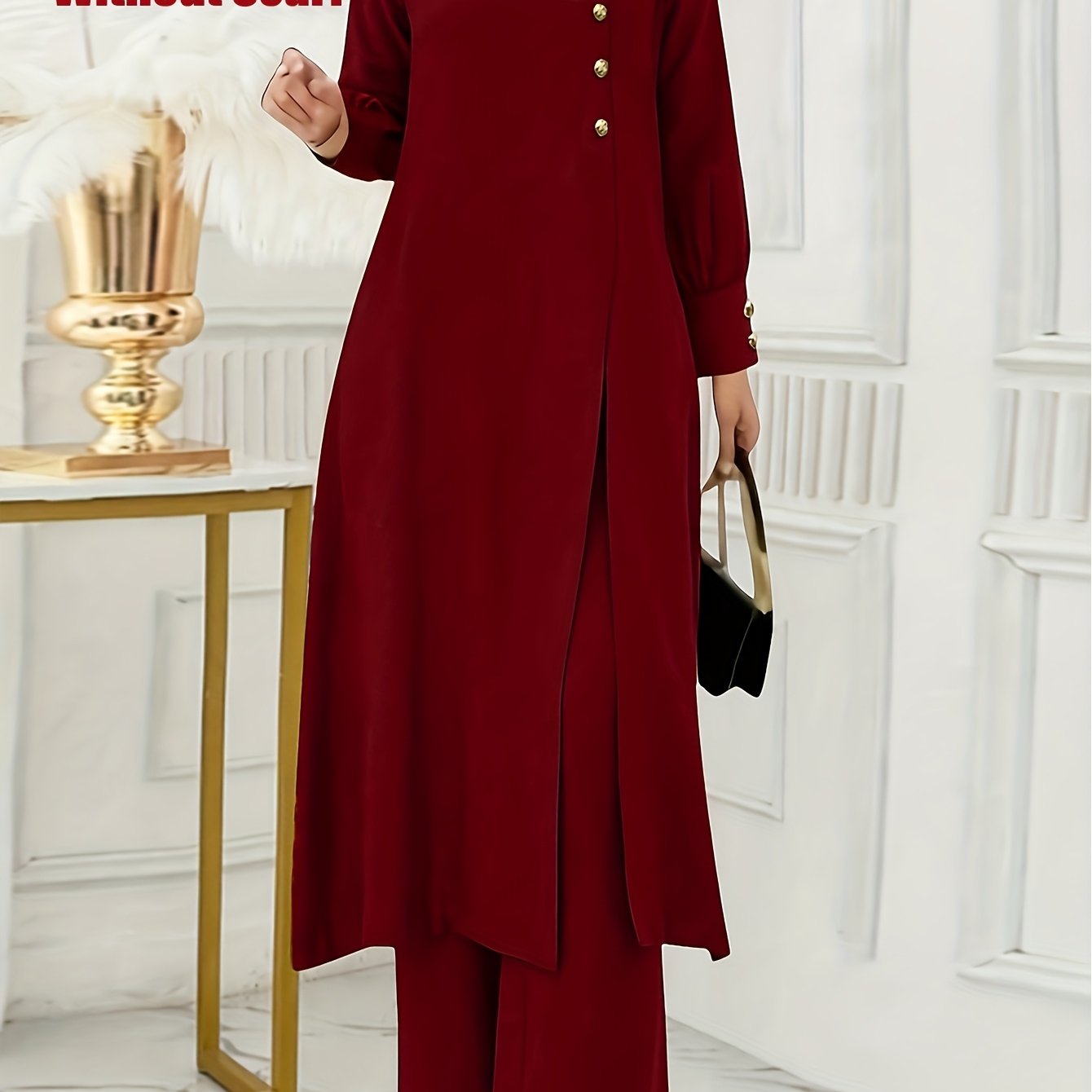 Ramadan Women'S Solid Color Button Design Long Sleeve Top and Pants Set, Arabic Style, Polyester, with Faux Button Detail, for All Seasons