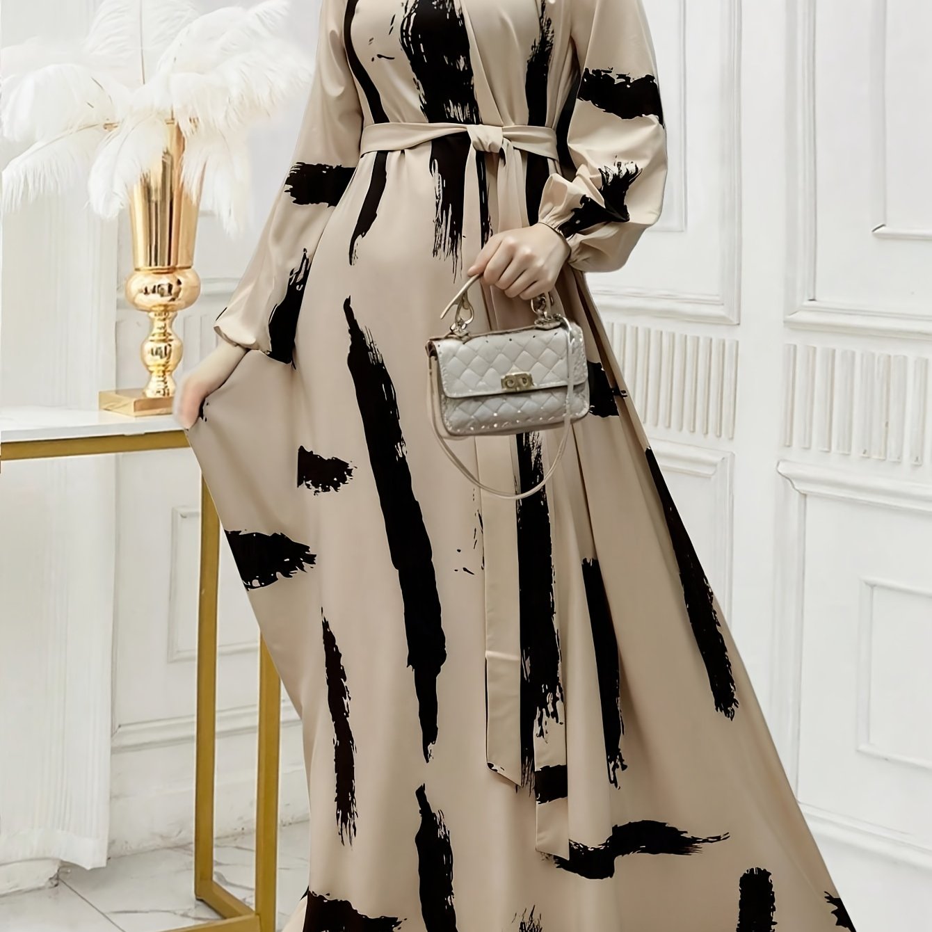 Women's Middle Eastern Ramadan Dress - Elegant Beige & black Islamic Formal attire with Tie Waist Belt, Long Sleeve Non-Stretch Dress for Ramadan, Weddings, Cultural Events - Machine Washable Modest Outfit, Muslim Dress, Reli