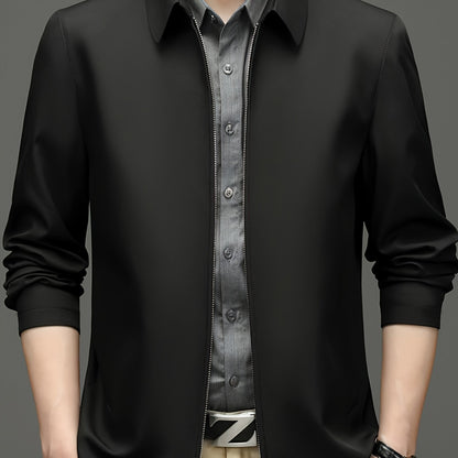 Men's Casual Business Jacket for Elderly - Polyester, Solid Color, Non-Stretch Fabric, Spring/Autumn Wear with Pockets