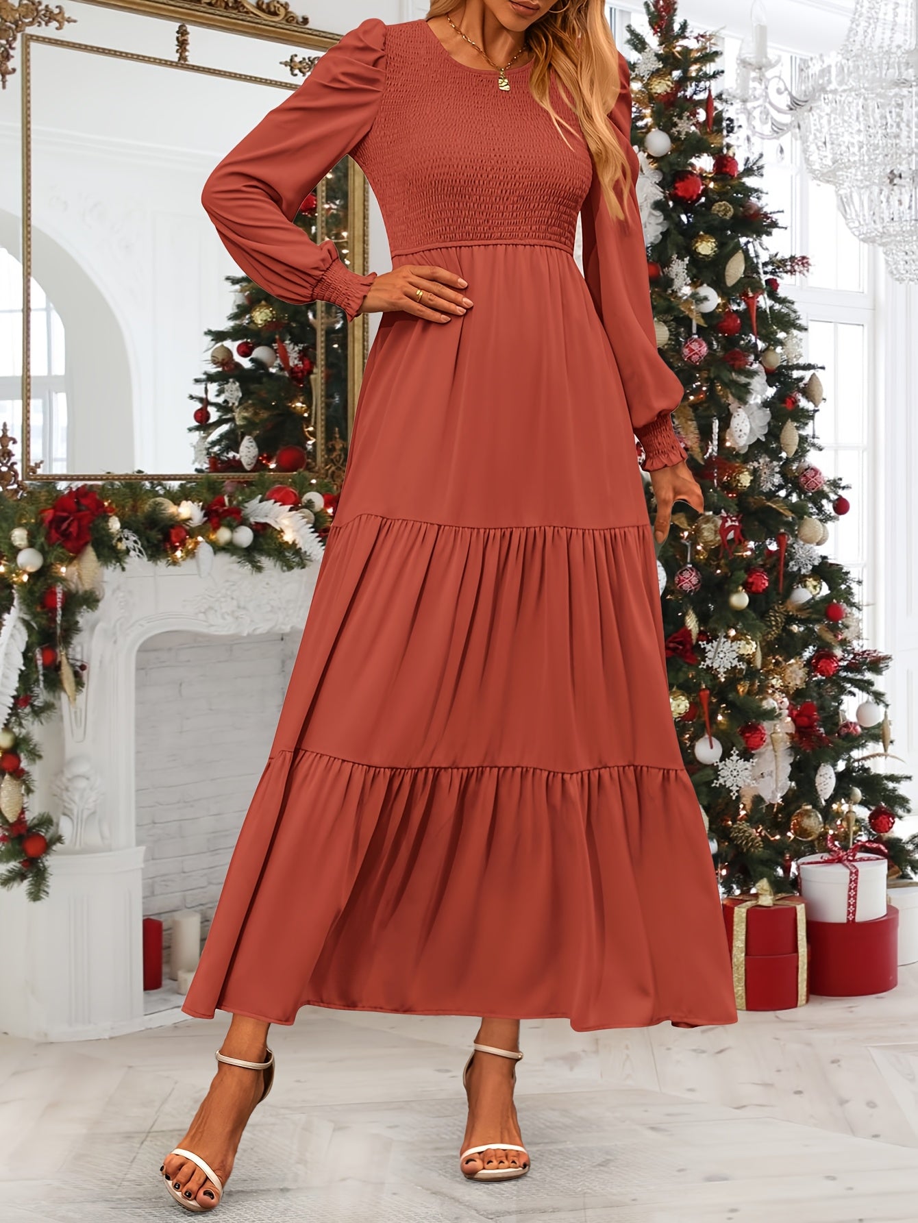 Women's Fall Wedding Guest Dress Long-sleeved Extra-long Dress Casual Crew-neck Pleated A-line Flowing Dress