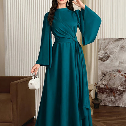 Elegant Teal Asymmetrical Long Dress with Bell Sleeves and High Neckline - Flowing A-Line Silhouette, Perfect for Formal Events, Formal Event Attire|Asymmetrical Hemline|Polyester Fabric