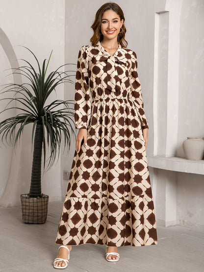 2025 Autumn New Women'S Elegant Geometric Print Maxi Dress - Long Sleeve, Bow Tie Neckline, Adjustable Cuffs, Waist Cincher, Flowy A-Line Skirt for Casual Outings, Dates & Holidays, Casual Outing Attire | Geometric Pattern Dr