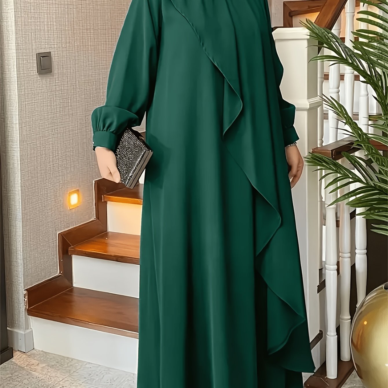 Elegant Green Long Skirt Dress for Women - Loose Fit, Round Neck, Lantern Sleeves, Embellished with Pearls, Perfect for Casual or Formal Occasions, Casual Elegant Wear | Embellished Dress | Flowing Skirt