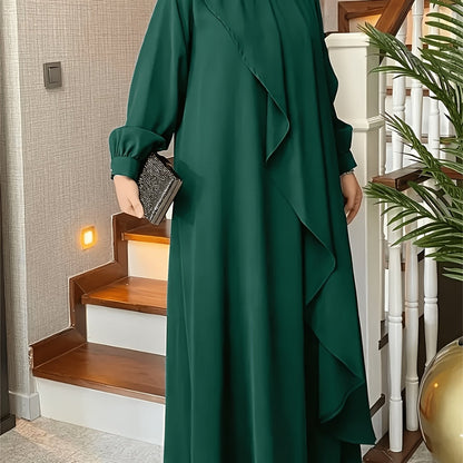 Elegant Green Long Skirt Dress for Women - Loose Fit, Round Neck, Lantern Sleeves, Embellished with Pearls, Perfect for Casual or Formal Occasions, Casual Elegant Wear | Embellished Dress | Flowing Skirt