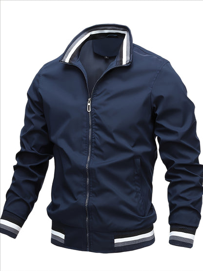 Men'S Retro Hip-Hop Baseball Jacket - Casual Sports Bomber with Stand Collar Zipper, Polyester Fabric - Perfect for Fall and Winter, Casual Weekend Wear, Casual Jacket|Hip Hop Style|Zippered Jacket
