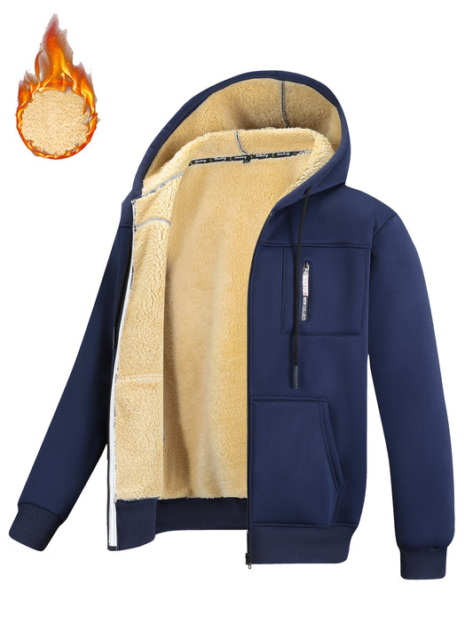 A Men's casual sports warm fleece hooded jacket with zipper opening and pocket, suitable for outdoor and training activities, autumn and winter clothing | casual style hooded sweatshirt | zipper hooded sweatshirt, Fleece Jack