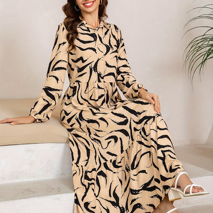 2025 Fall Original New Arrival Casual Outing Date Daily Commute Beach Dress Turn- Collar Half Open Front Long Sleeve Maxi Skirt Khaki Elegant Stripe Print Adjustable Cuff Buttons Loose Straight Fit Comfort Layered Overskirts