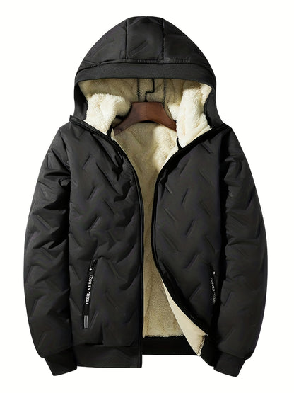 Men'S Heavy-Duty Winter Jacket - Thermal Insulated Cold Weather Coat with Full-Zip Closure, Hooded Collar, Polyester Lining - Black Outerwear for Business, Casual, Outdoor - Easy-Care Non-Stretch Fabric - Fall/Winter Jacket f