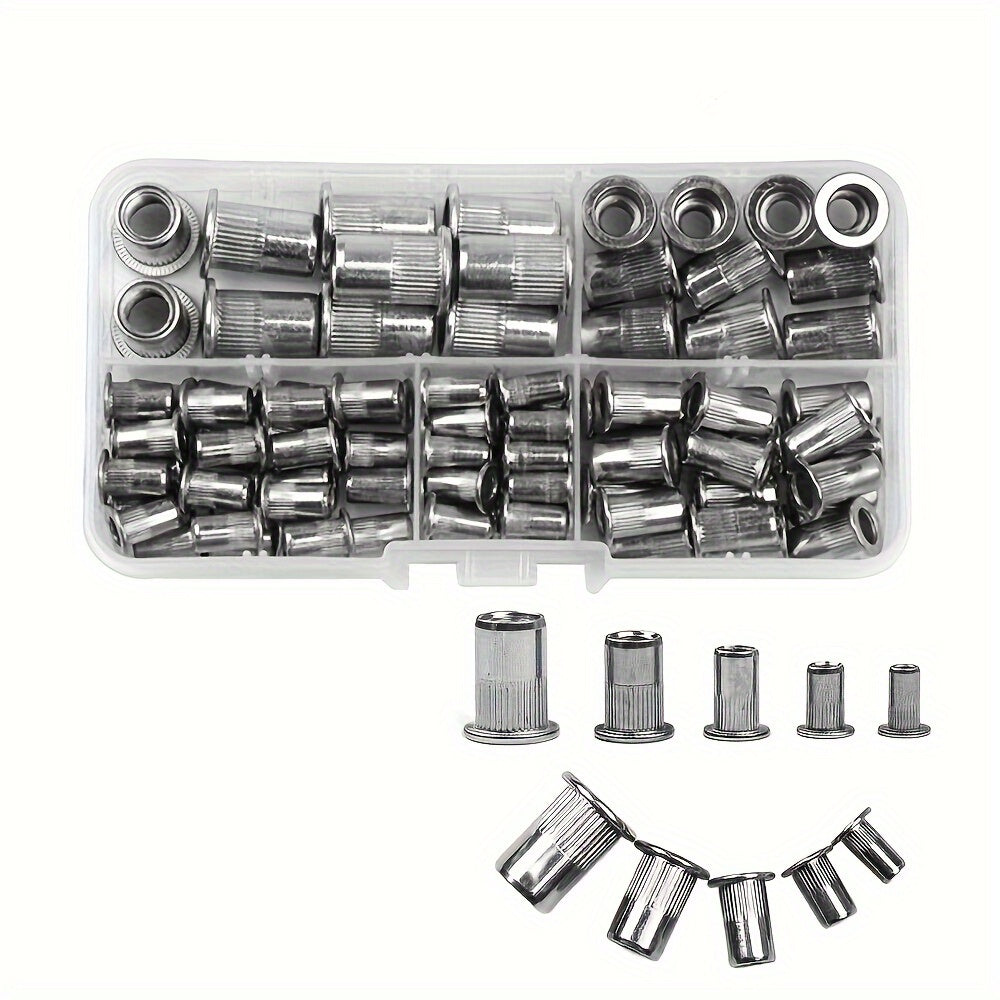 160pcs Rivet Nuts Kit M3/4/5/6/8/10- Durable Knurled Body, High-Strength Aluminum Flat Head, Embedded Rivet Nut, Threaded Insert Nut - Perfect For Automobile Restoration, Furniture Assembly, And Home Decoration
