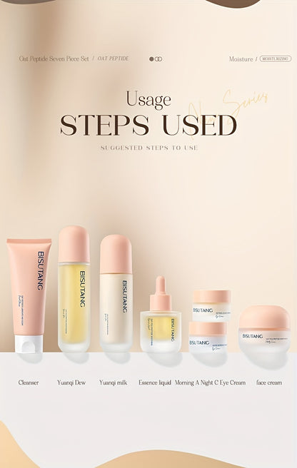 Bisutang Oat Peptide Vitality 7-Piece Skincare Set - Hypoallergenic Face Care Kit with Cleanser, Toner, Serum, Cream, Eye Cream: Nourishing Plant Squalane, Ideal Gift for Women for Mother's Day, Valentine's Day