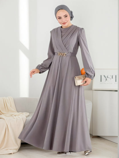 Modest Women's Elegant Traditional Arabic Jalabiya Abaya Dress with Lantern Sleeves & Adjustable Belt - Long Flowing Floor-Length Robe, Round Neck, Loose Fit, Machine Washable, All-Season Wear for Muslim Women, Casual & Forma