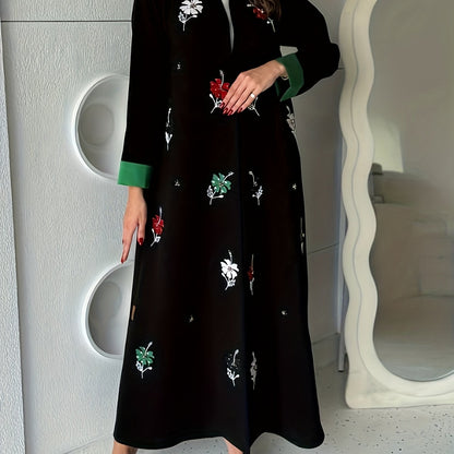 Women's Middle Eastern Turkish Kaftan Dress - Floral Print with Contrast Green Sleeves, Open Collar Long Sleeve Floor-Length Machine Washable Elegant Abaya for Casual & Formal Occasions, Nontransparent Fabric