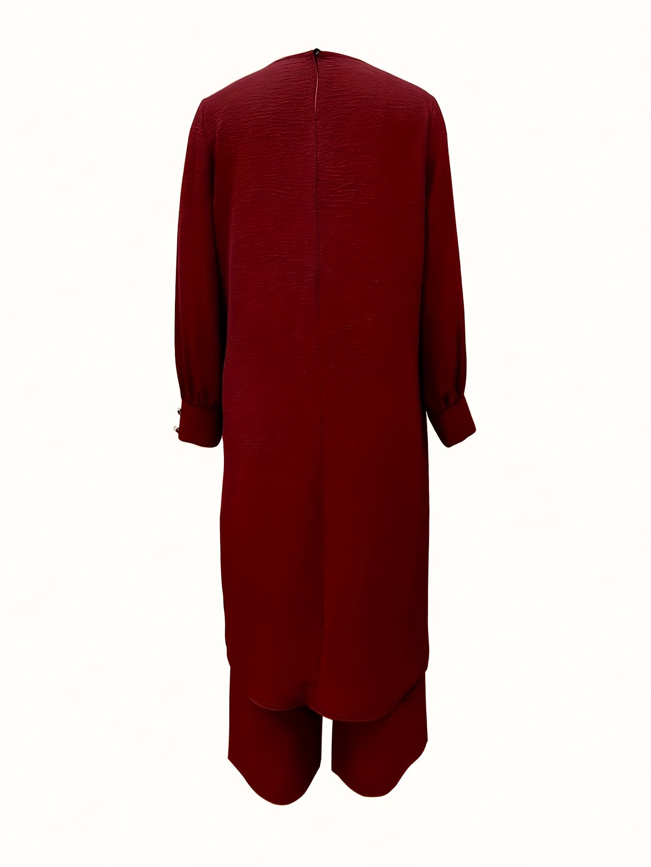 Ramadan Women'S Solid Color Button Design Long Sleeve Top and Pants Set, Arabic Style, Polyester, with Faux Button Detail, for All Seasons