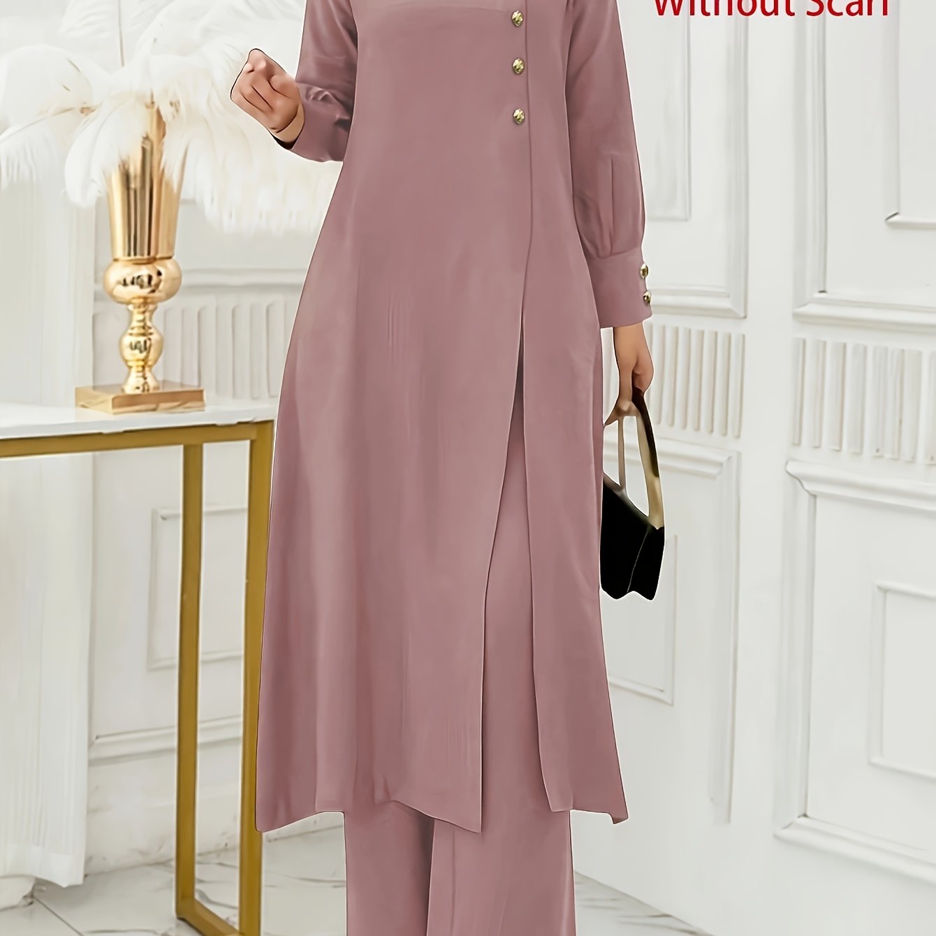 Ramadan Women'S Solid Color Button Design Long Sleeve Top and Pants Set, Arabic Style, Polyester, with Faux Button Detail, for All Seasons
