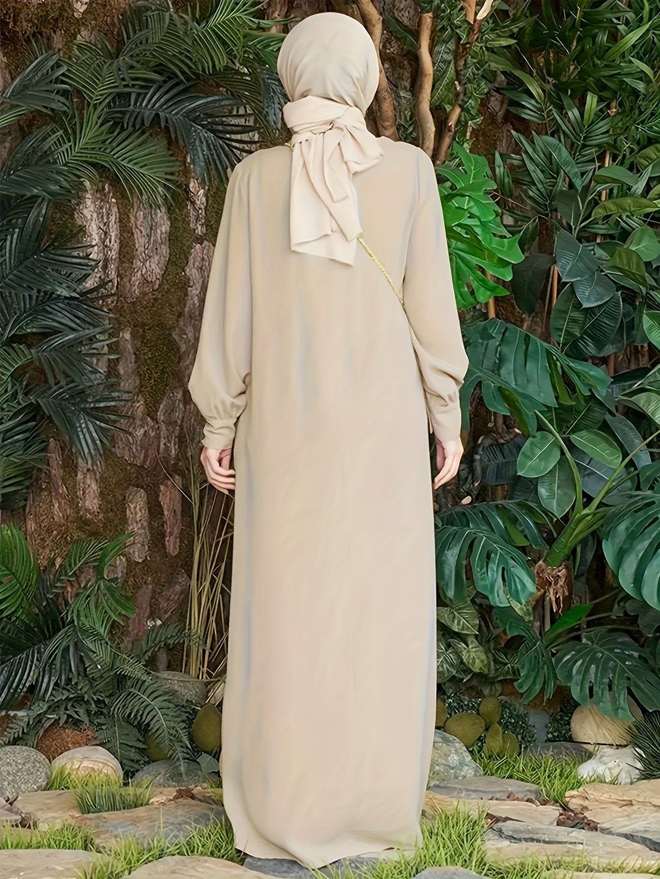 Ramadan Solid Tucked Maxi Abaya, Elegant Long Sleeve Loose Abaya, Women's Clothing